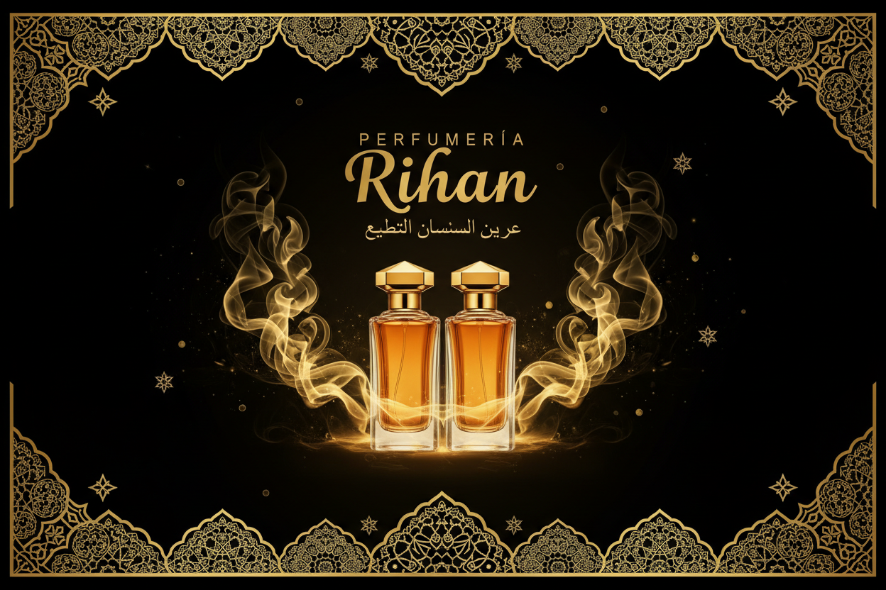 genera una imgen de banner para la pagina de una tienda de perfumes arabes llamada Permfumería Rihan esquema de colores negro dorado